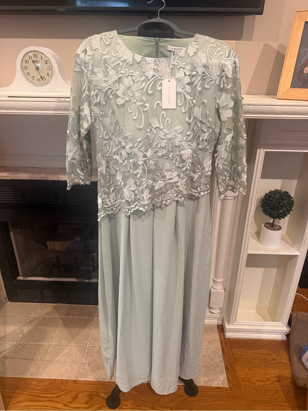 Embroidered Light Sage Maxi Dress with Sheer Floral Overlay